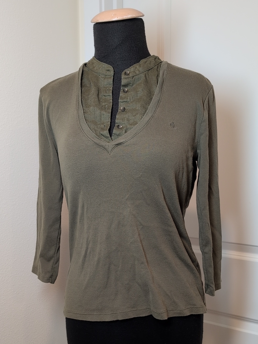 Lauren Ralph Lauren Olive Green Layered Henley V-Neck Long Sleeve Top